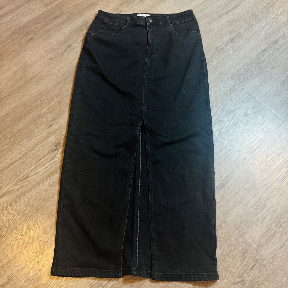ASOS Design Womens Black Denim Maxi Skirt High Rise Front Slit Size US 8